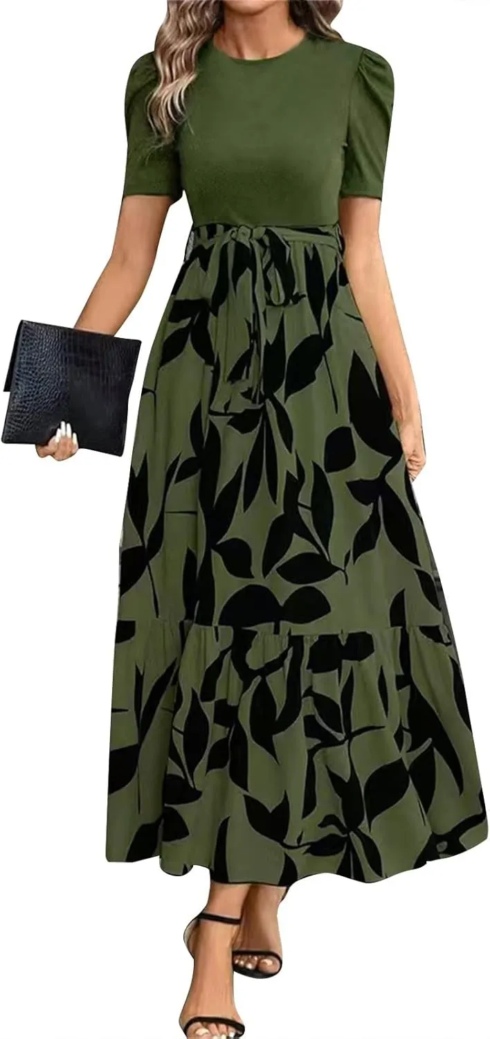 TWGONE Summer Dresses for Women Short Sleeve Casual Long Maxi Dress Floral Print Flowy Dresses with Belt