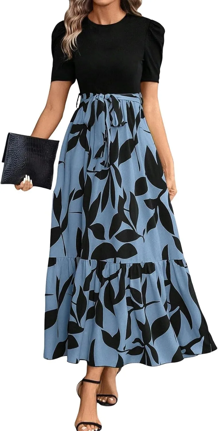 TWGONE Summer Dresses for Women Short Sleeve Casual Long Maxi Dress Floral Print Flowy Dresses with Belt