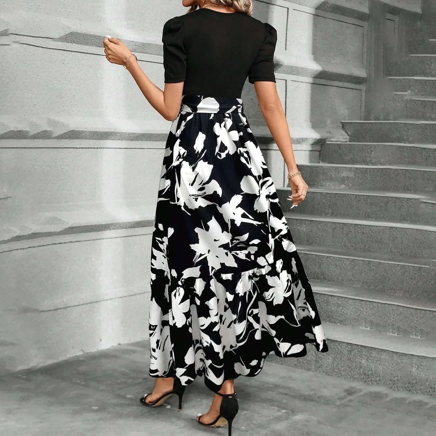 TWGONE Summer Dresses for Women Short Sleeve Casual Long Maxi Dress Floral Print Flowy Dresses with Belt