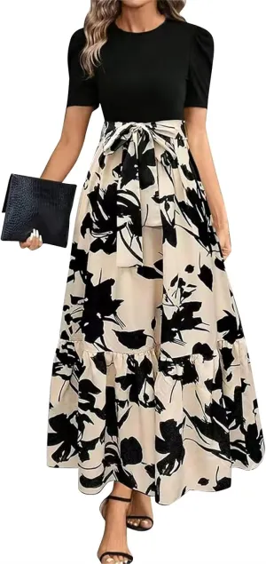 TWGONE Summer Dresses for Women Short Sleeve Casual Long Maxi Dress Floral Print Flowy Dresses with Belt