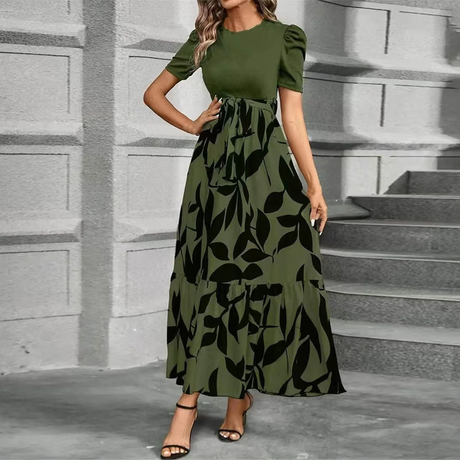 TWGONE Summer Dresses for Women Short Sleeve Casual Long Maxi Dress Floral Print Flowy Dresses with Belt