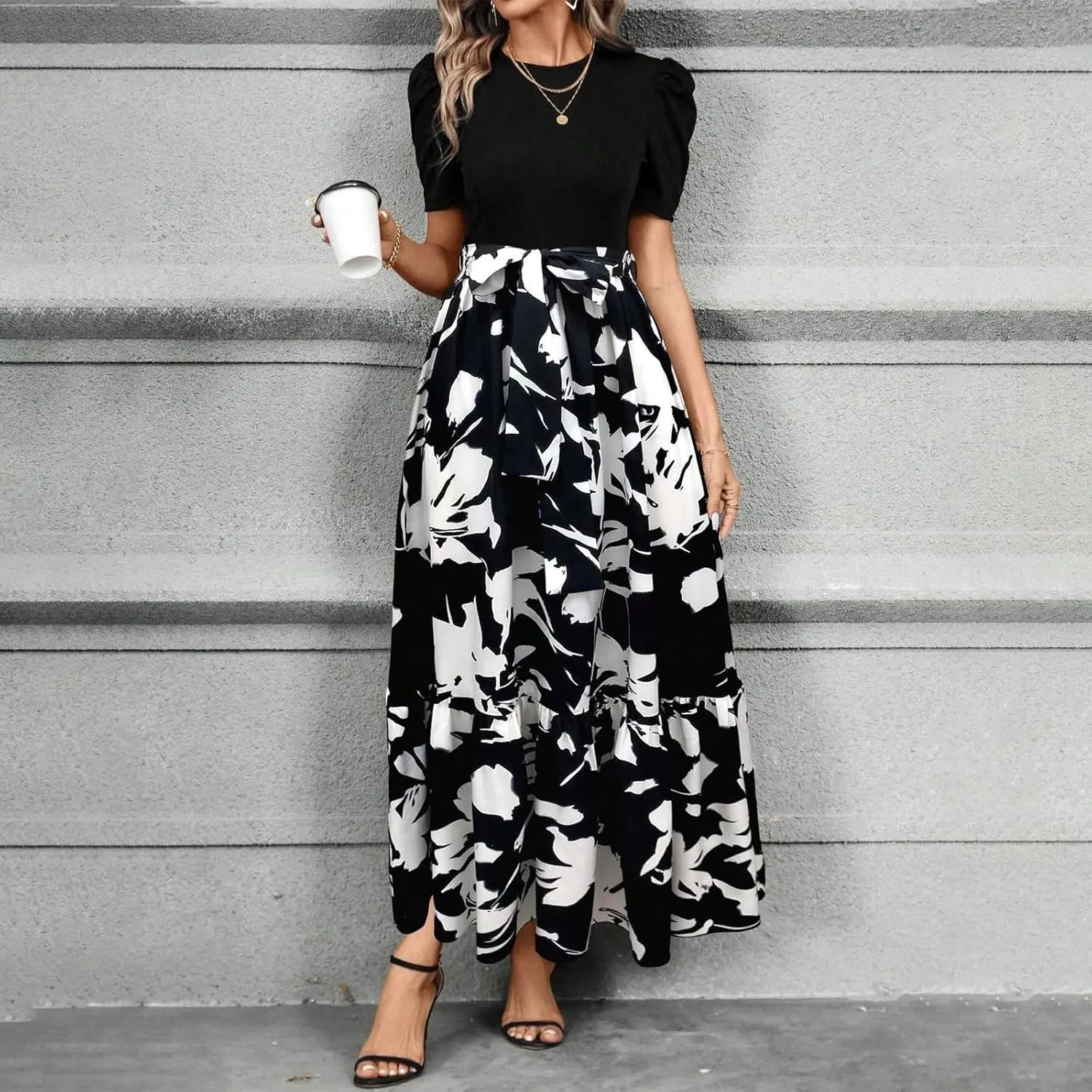 TWGONE Summer Dresses for Women Short Sleeve Casual Long Maxi Dress Floral Print Flowy Dresses with Belt