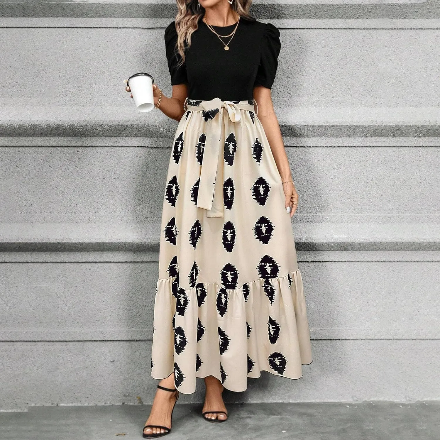 TWGONE Summer Dresses for Women Short Sleeve Casual Long Maxi Dress Floral Print Flowy Dresses with Belt
