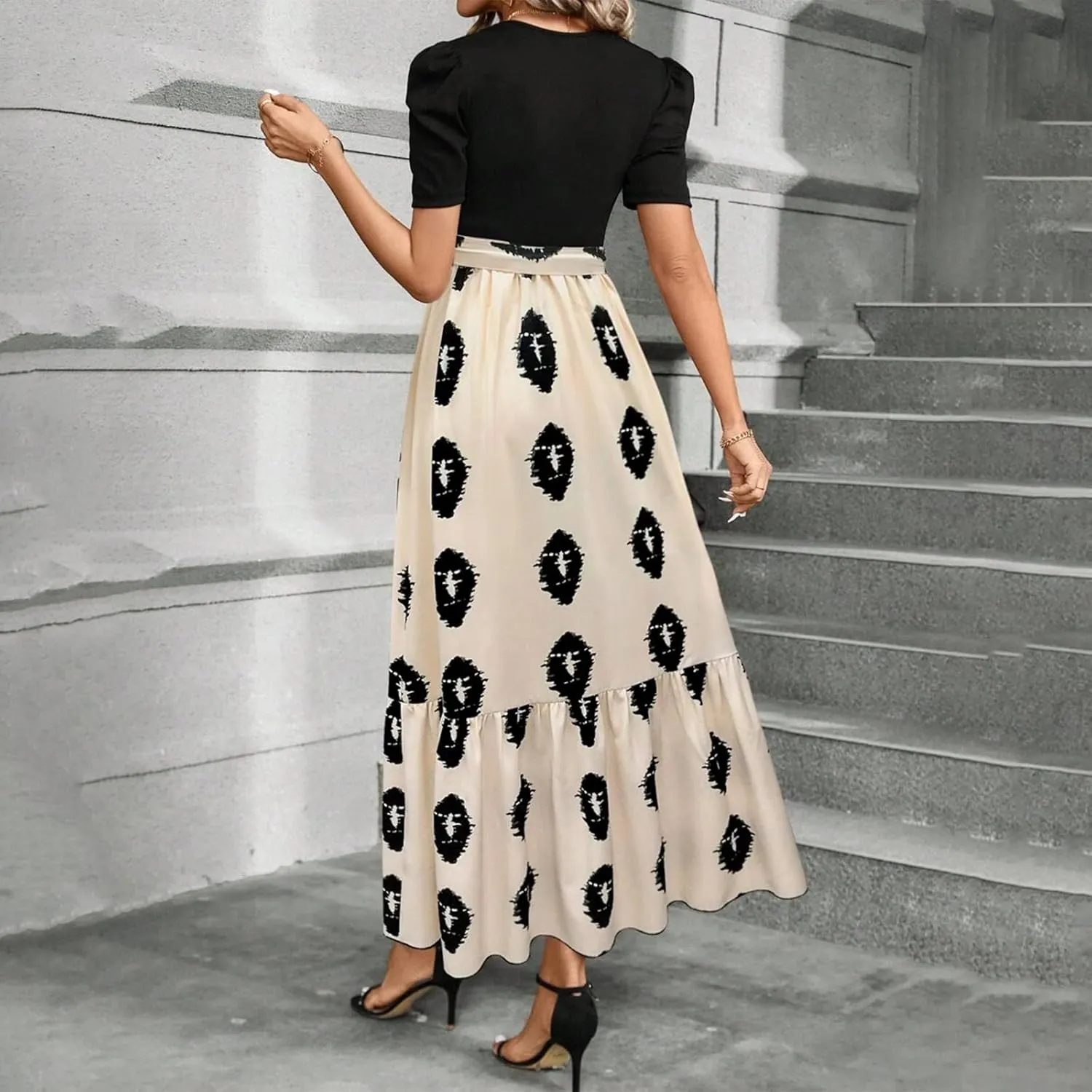 TWGONE Summer Dresses for Women Short Sleeve Casual Long Maxi Dress Floral Print Flowy Dresses with Belt