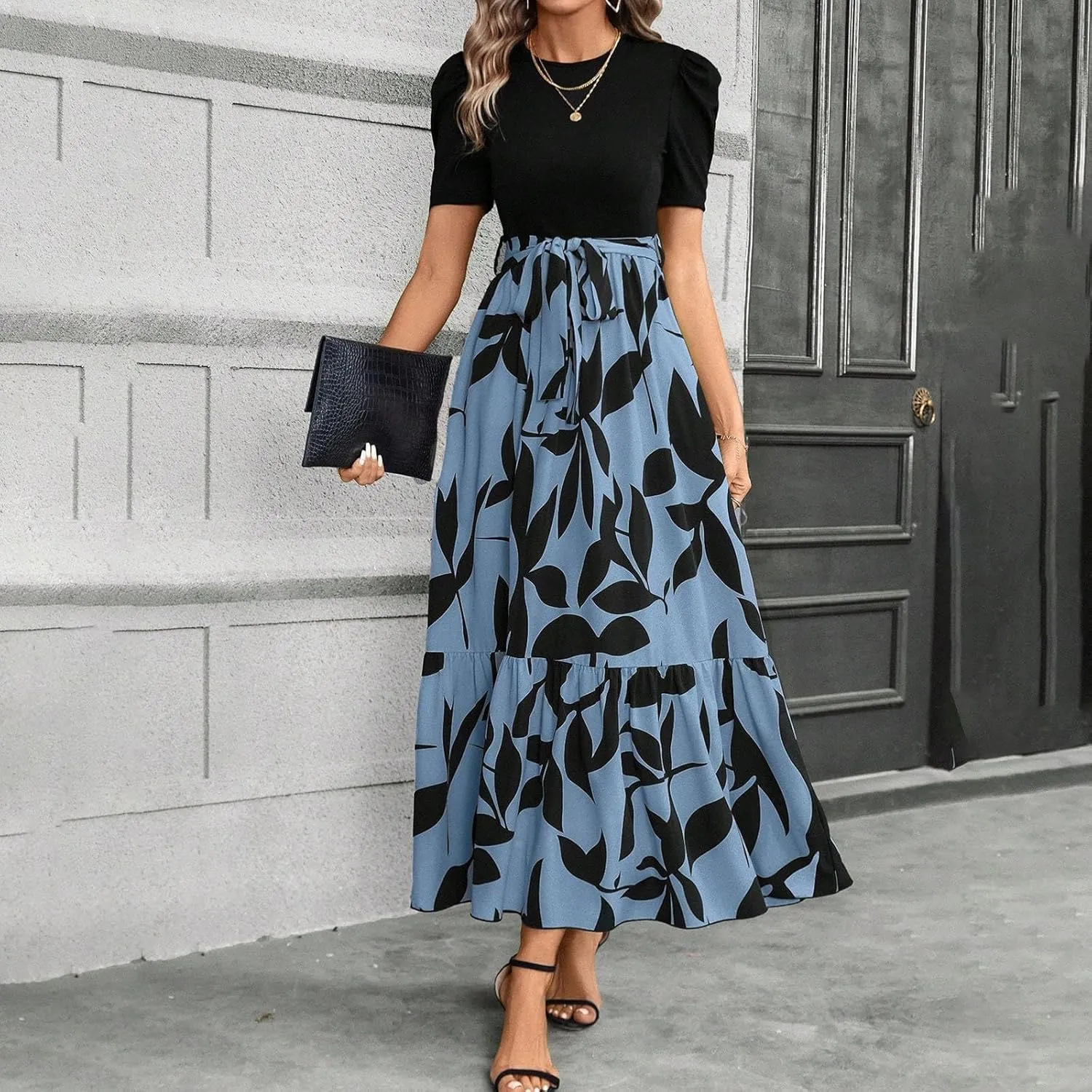 TWGONE Summer Dresses for Women Short Sleeve Casual Long Maxi Dress Floral Print Flowy Dresses with Belt