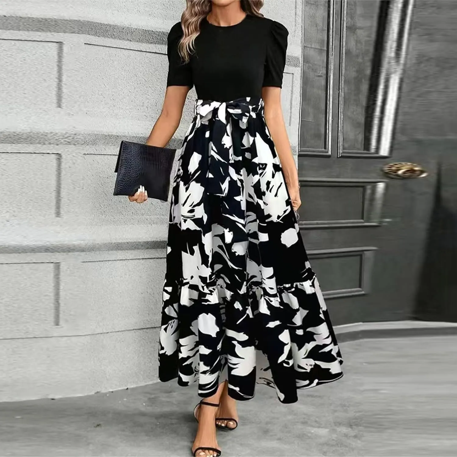 TWGONE Summer Dresses for Women Short Sleeve Casual Long Maxi Dress Floral Print Flowy Dresses with Belt
