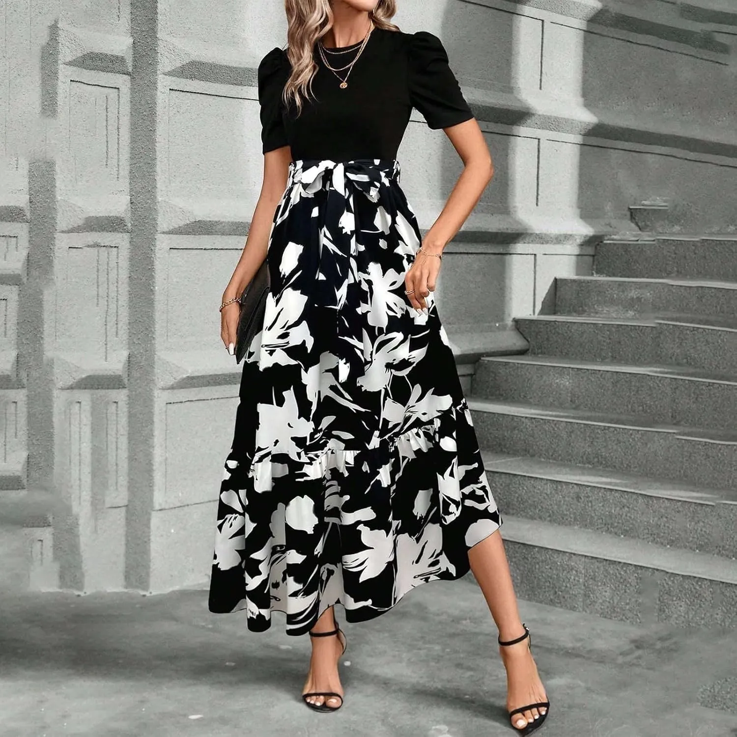 TWGONE Summer Dresses for Women Short Sleeve Casual Long Maxi Dress Floral Print Flowy Dresses with Belt