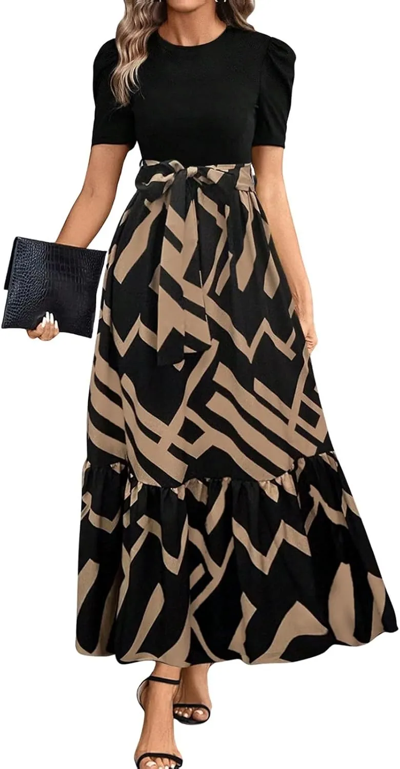 TWGONE Summer Dresses for Women Short Sleeve Casual Long Maxi Dress Floral Print Flowy Dresses with Belt