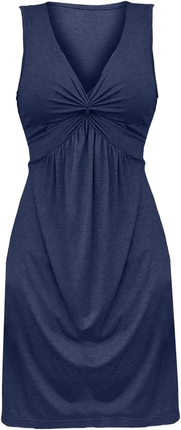 Twist Front Dresses for Women V Neck Sleeveless Tank Dress Summer Sexy Elegant Party Tunic A Line Midi Sundresses