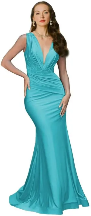 V Neck Mermaid Bridesmaid Dresses Bodycon Satin Prom Dresses Wedding Formal Evening Party Gowns for Women