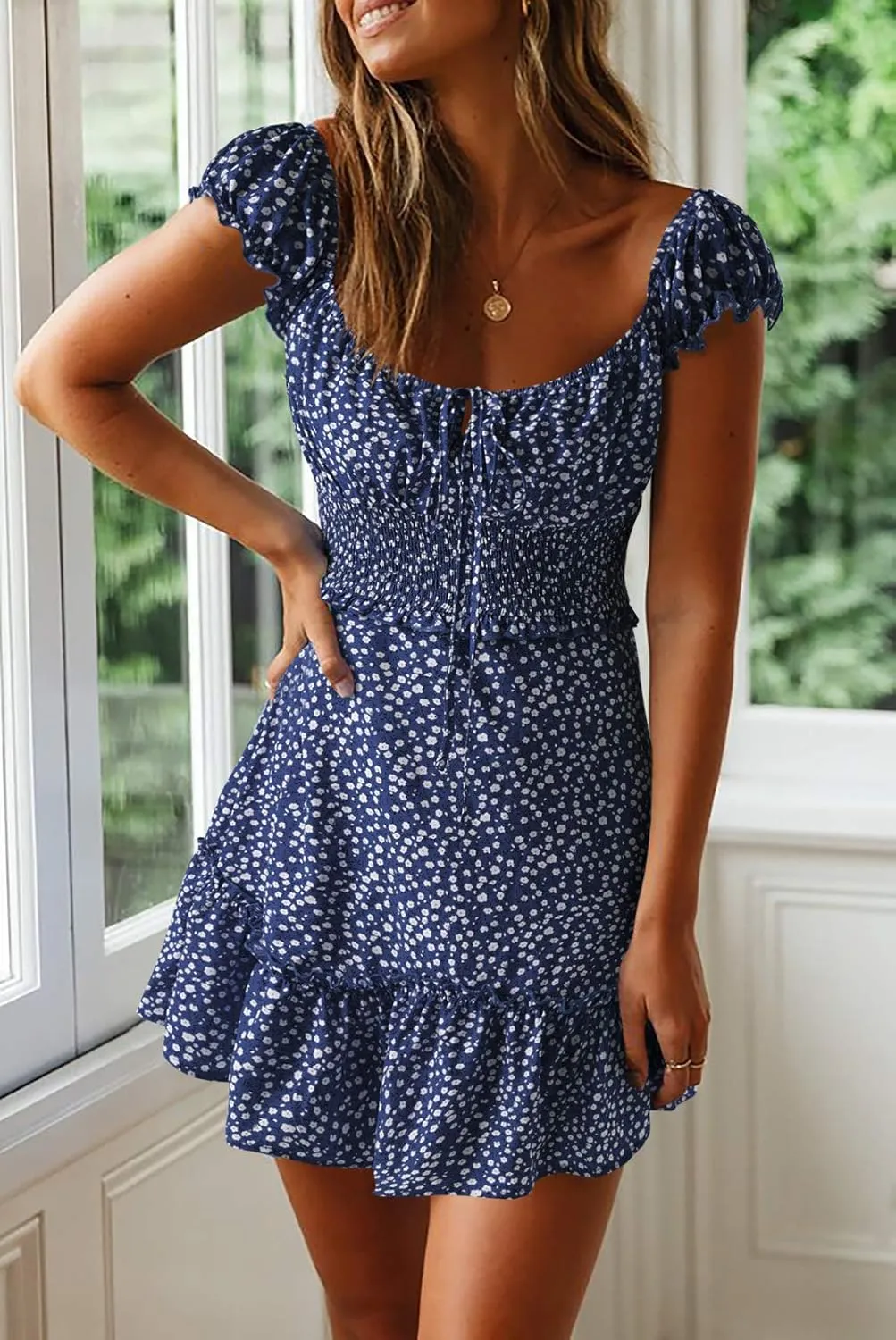 Valphsio Womens Smocked Dress Ruffle Floral Tie Front Boho Short Dresses