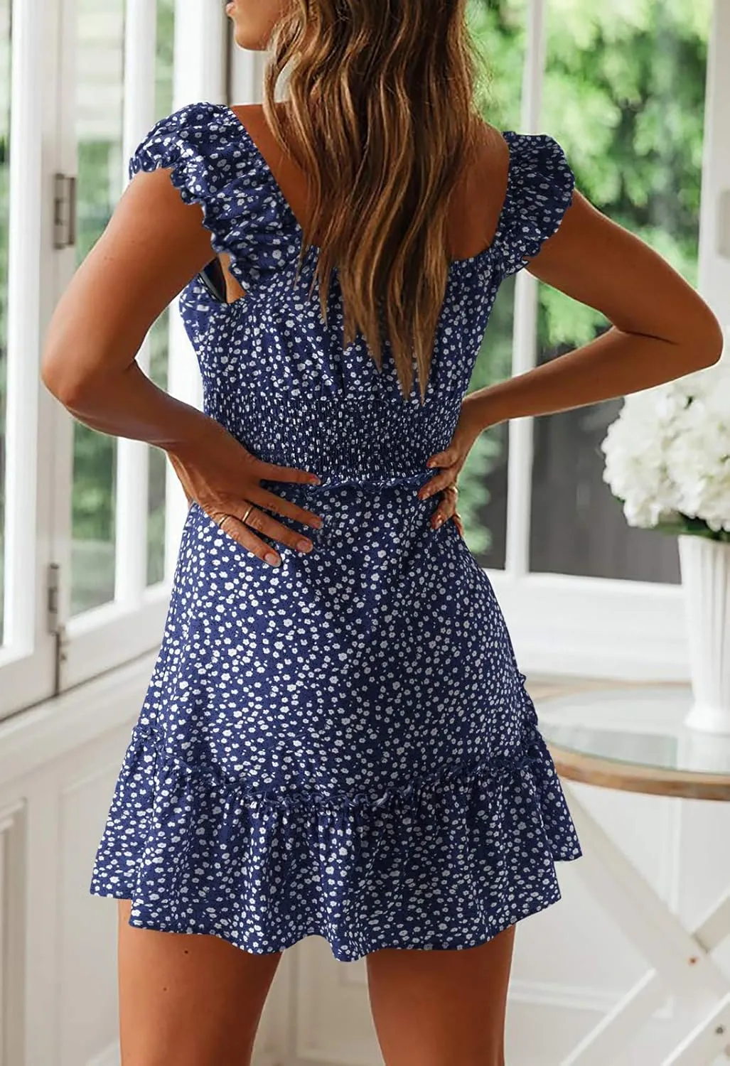 Valphsio Womens Smocked Dress Ruffle Floral Tie Front Boho Short Dresses