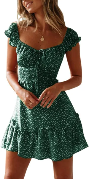 Valphsio Womens Smocked Dress Ruffle Floral Tie Front Boho Short Dresses