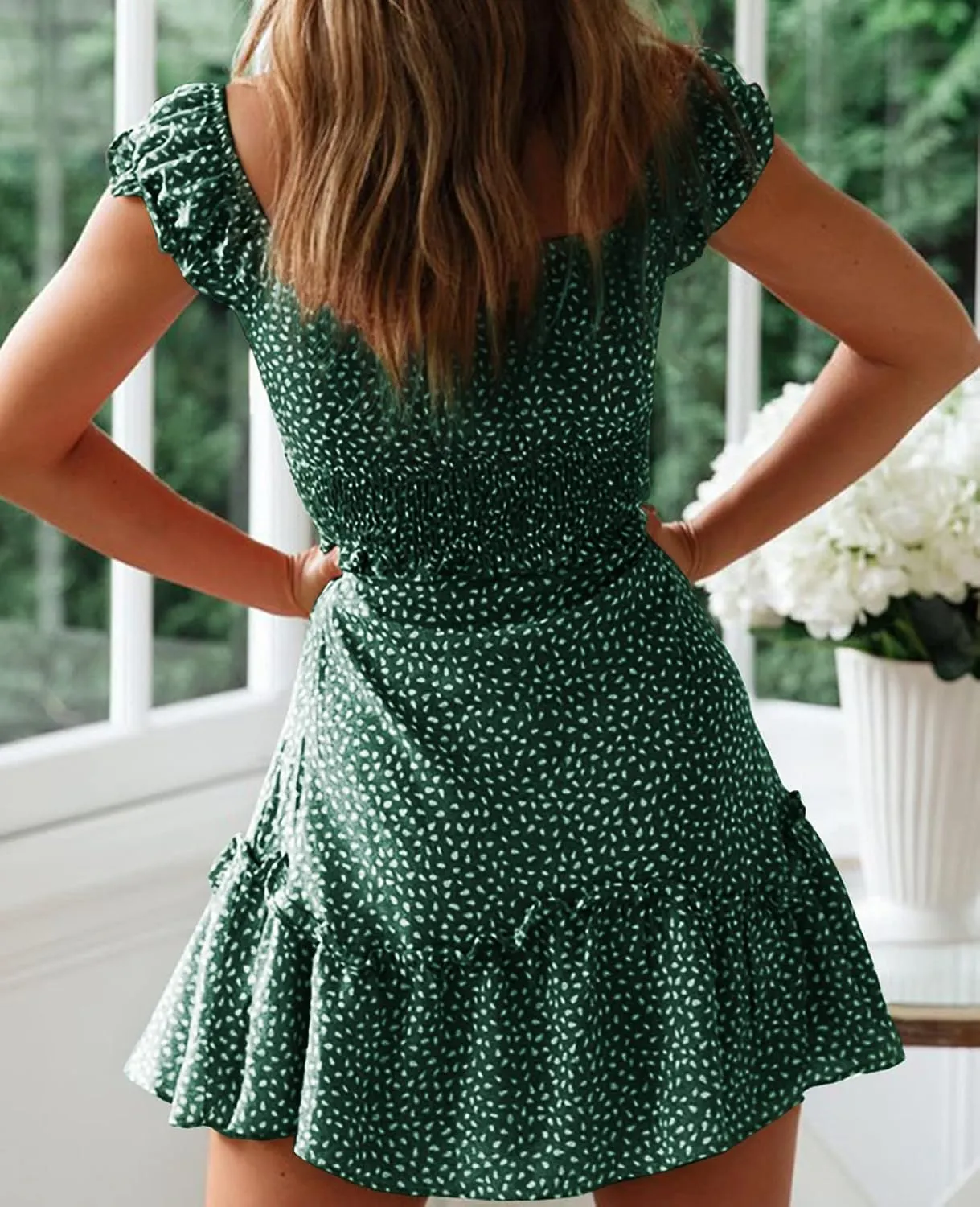 Valphsio Womens Smocked Dress Ruffle Floral Tie Front Boho Short Dresses