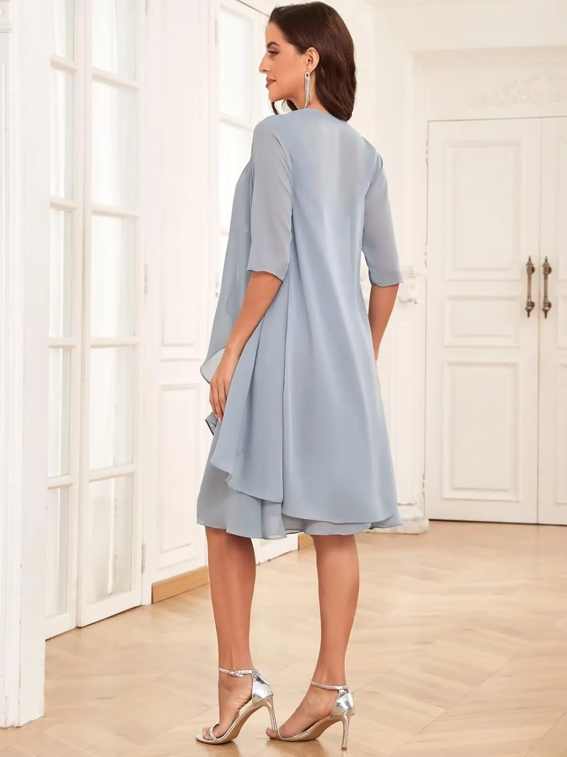 VCCICANY 2 Pieces Mother of The Bride Dresses with Jacket Petite Ruffle Ruched Formal Dress for Wedding with 1/2 Sleeves