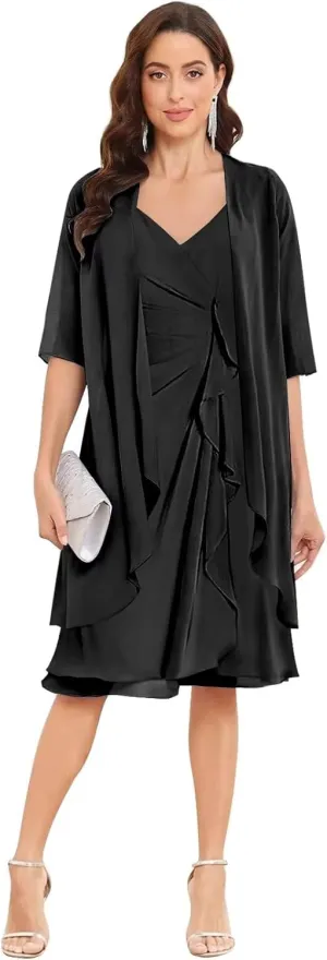 VCCICANY 2 Pieces Mother of The Bride Dresses with Jacket Petite Ruffle Ruched Formal Dress for Wedding with 1/2 Sleeves