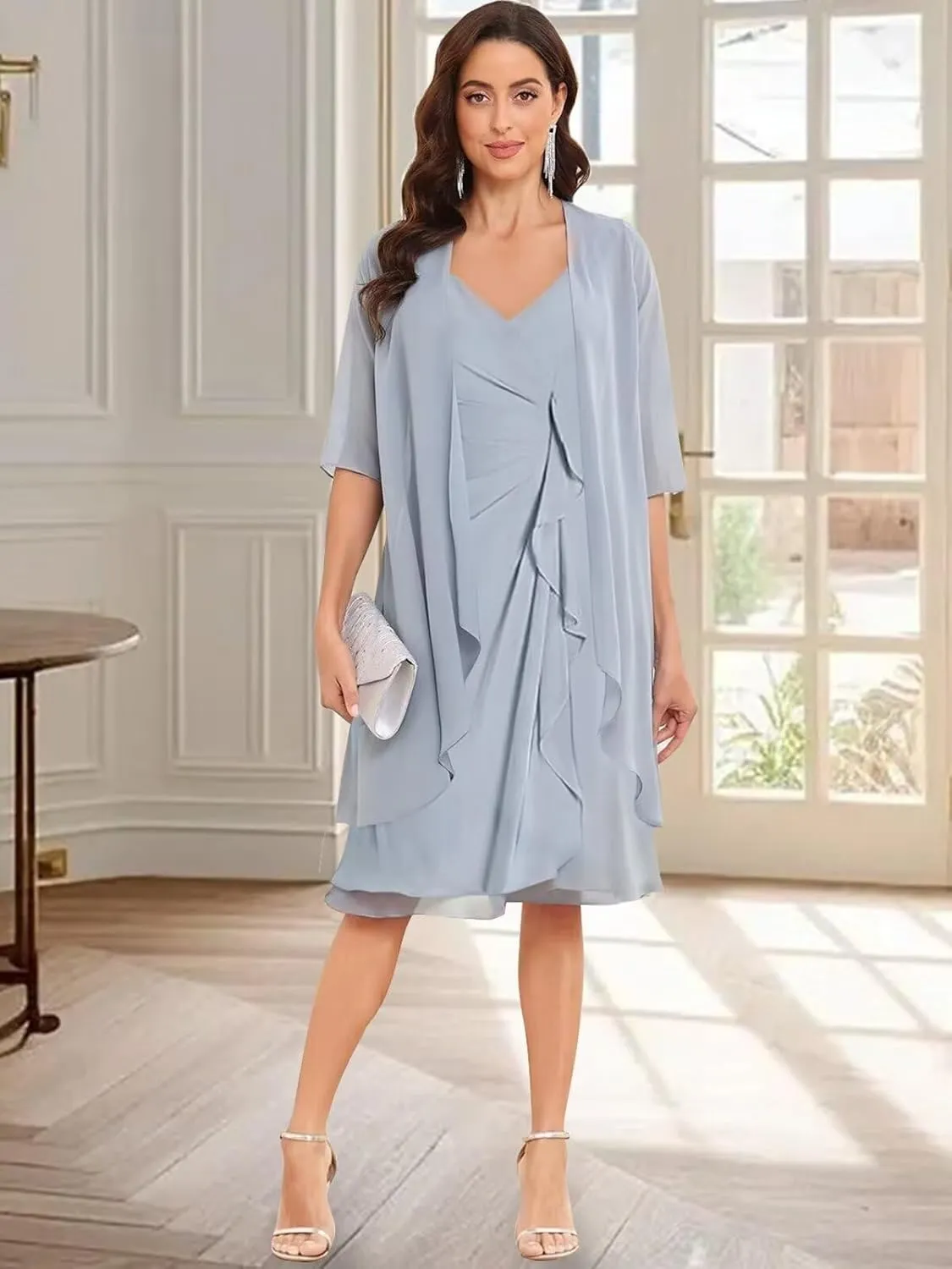 VCCICANY 2 Pieces Mother of The Bride Dresses with Jacket Petite Ruffle Ruched Formal Dress for Wedding with 1/2 Sleeves