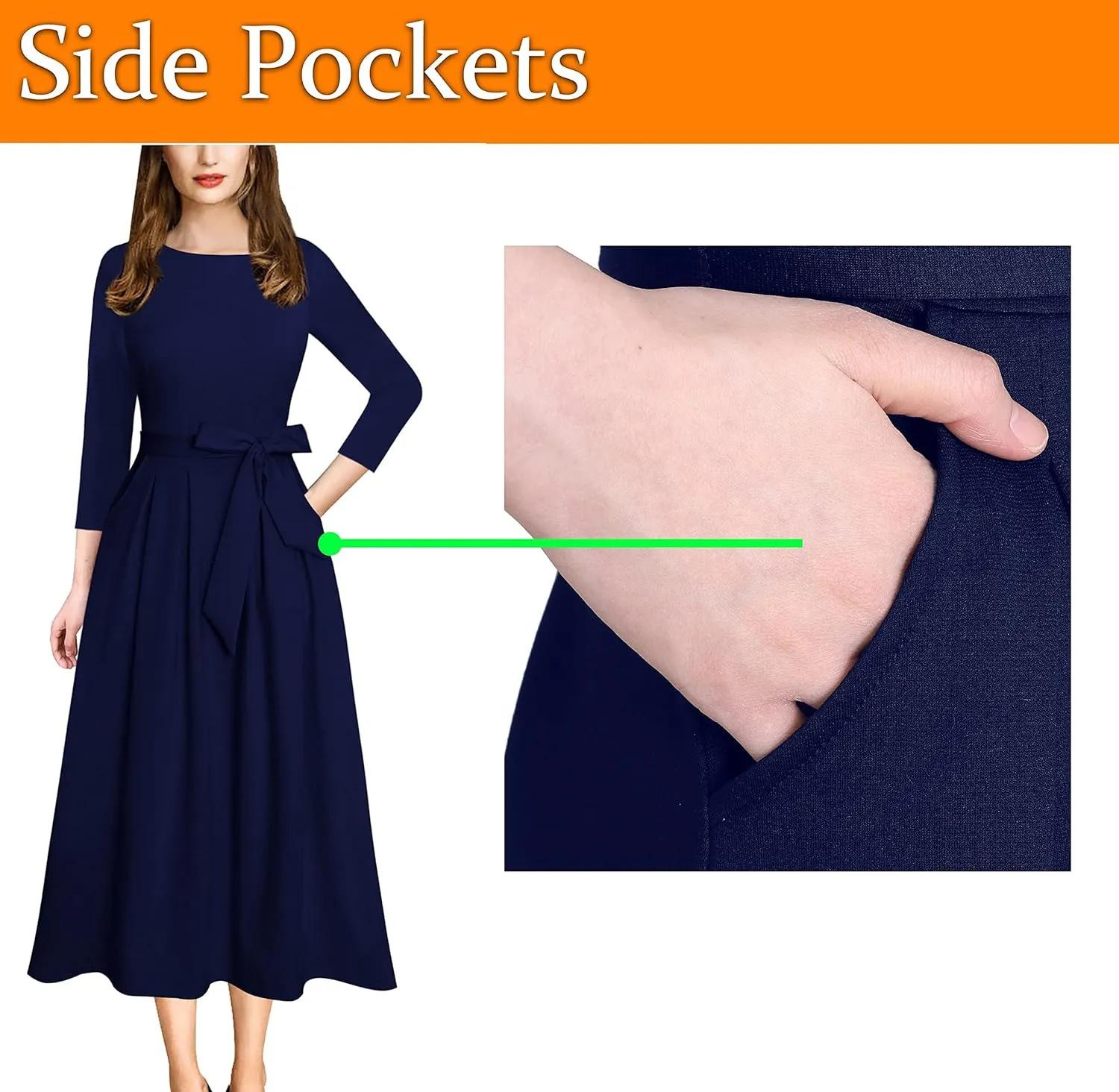 VFSHOW Womens Elegant Pockets Belted Work Business Office Casual Party Pleated A-Line Midi Dress