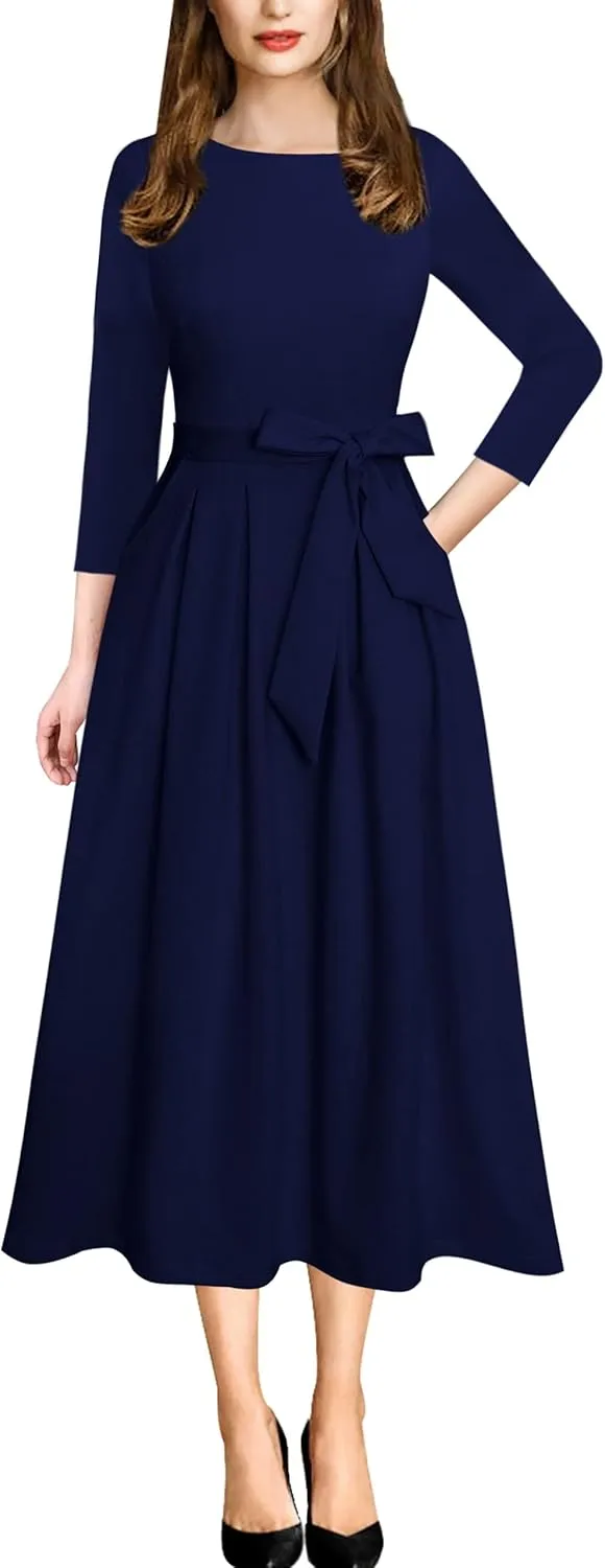 VFSHOW Womens Elegant Pockets Belted Work Business Office Casual Party Pleated A-Line Midi Dress