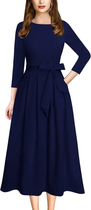 VFSHOW Womens Elegant Pockets Belted Work Business Office Casual Party Pleated A-Line Midi Dress