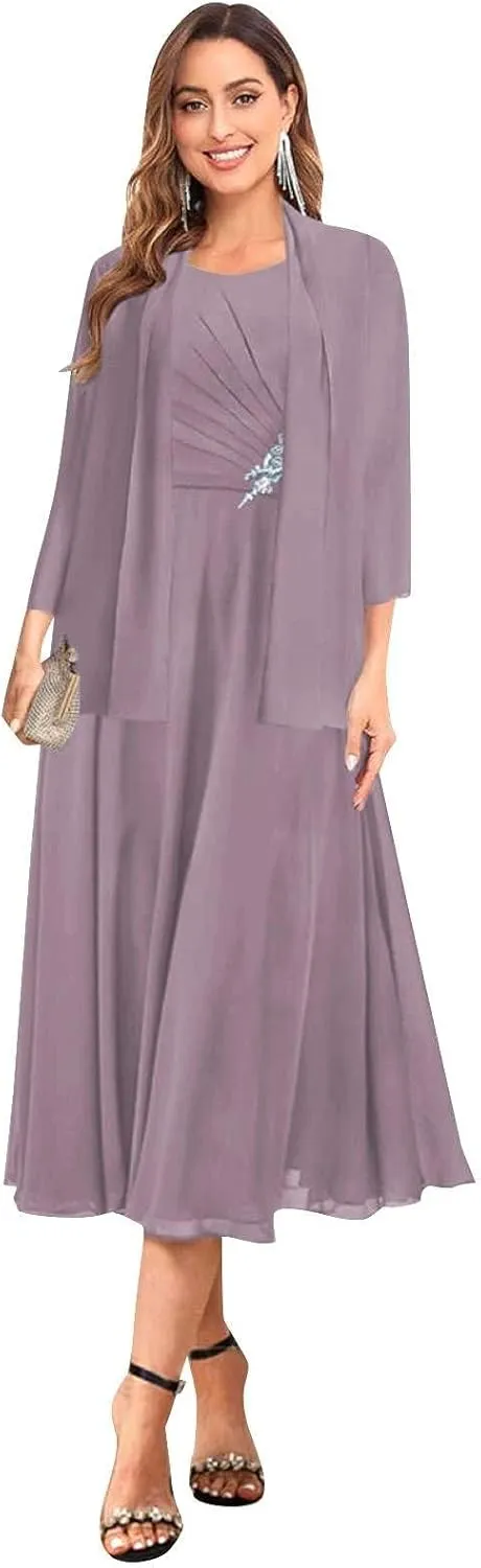 VGZ 2 Pieces Mother of The Bride Dresses with Jacket Tea Length Chiffon Mother of The Groom Dress with Sleeves