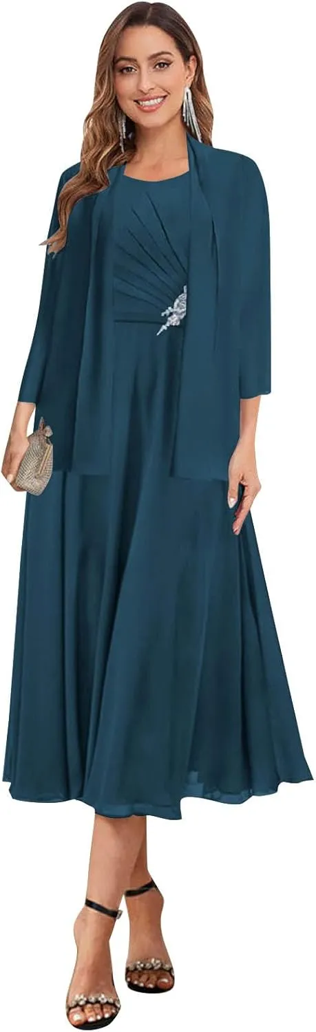 VGZ 2 Pieces Mother of The Bride Dresses with Jacket Tea Length Chiffon Mother of The Groom Dress with Sleeves