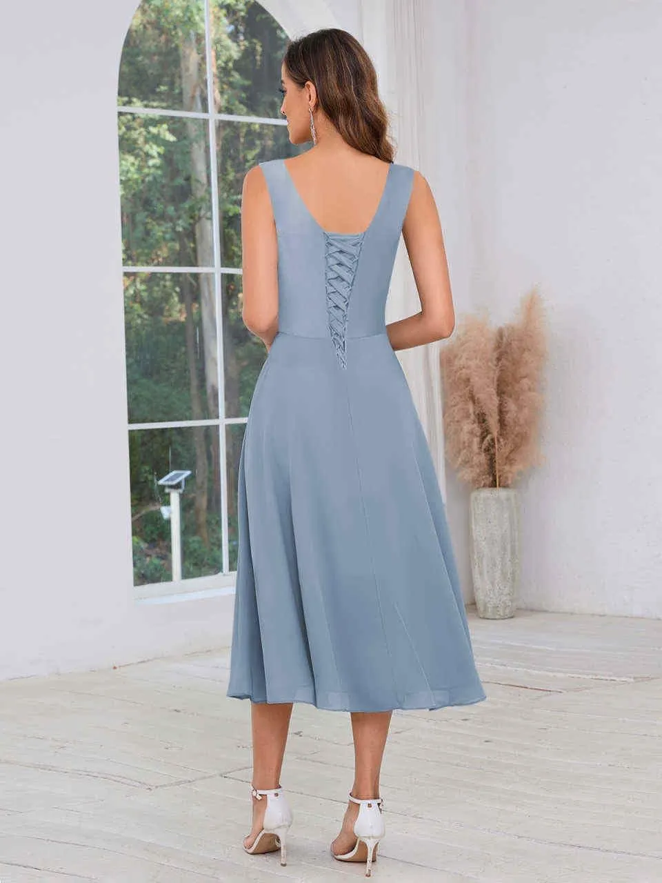 VGZ 2 Pieces Mother of The Bride Dresses with Jacket Tea Length Chiffon Mother of The Groom Dress with Sleeves