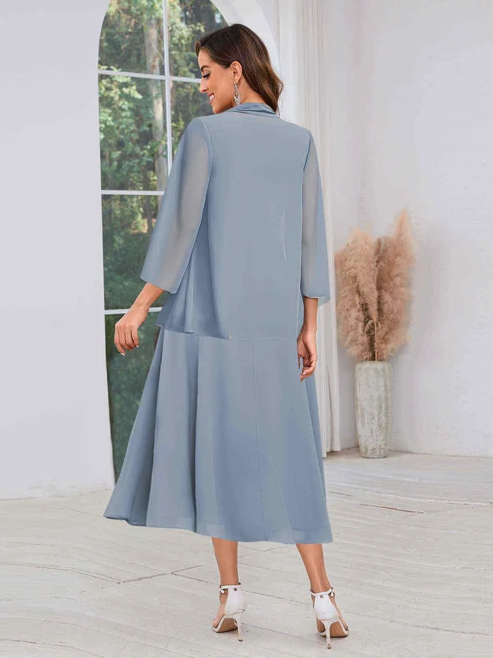 VGZ 2 Pieces Mother of The Bride Dresses with Jacket Tea Length Chiffon Mother of The Groom Dress with Sleeves