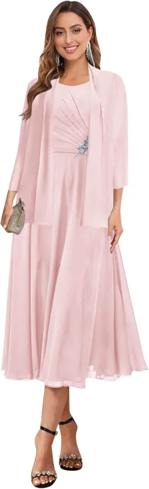VGZ 2 Pieces Mother of The Bride Dresses with Jacket Tea Length Chiffon Mother of The Groom Dress with Sleeves