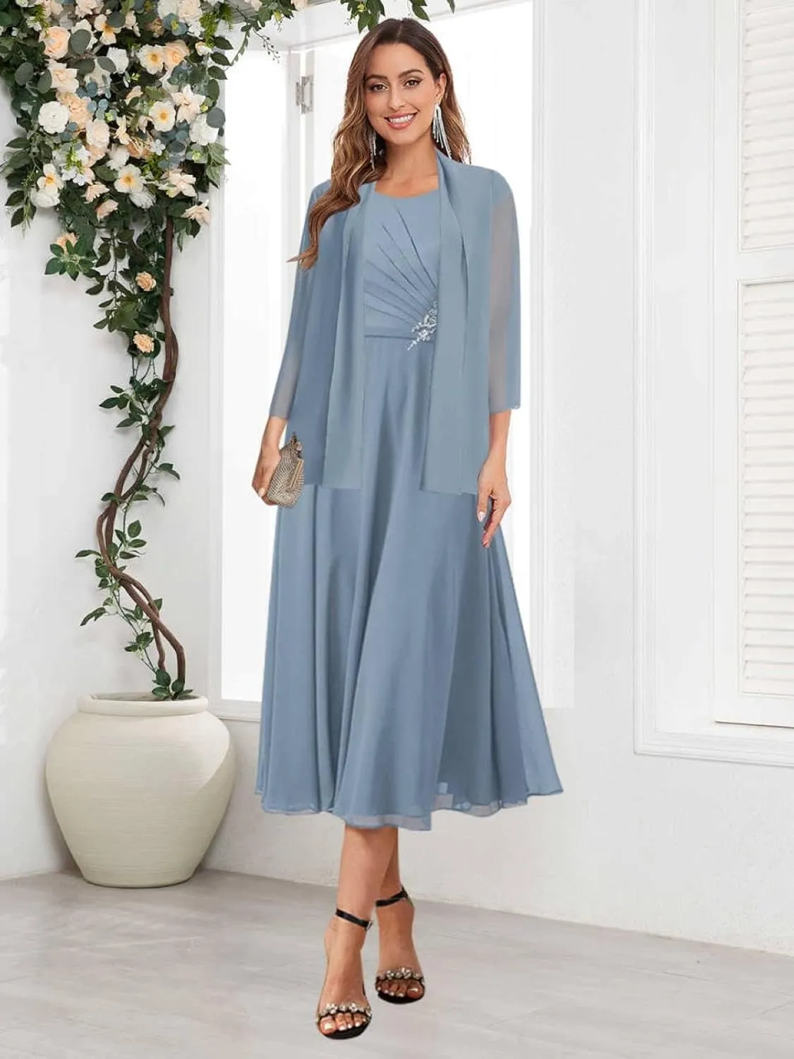 VGZ 2 Pieces Mother of The Bride Dresses with Jacket Tea Length Chiffon Mother of The Groom Dress with Sleeves