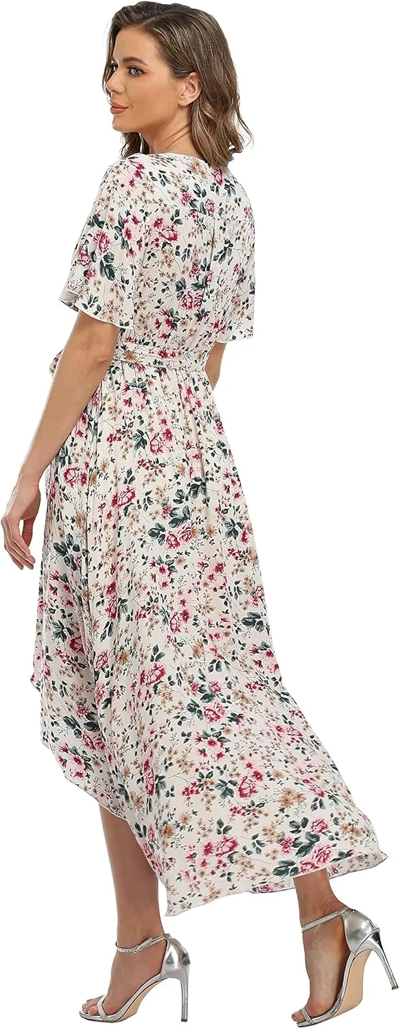 VintageClothing Women's Wrap V Neck Floral Summer Dresses High Low Maxi Casual