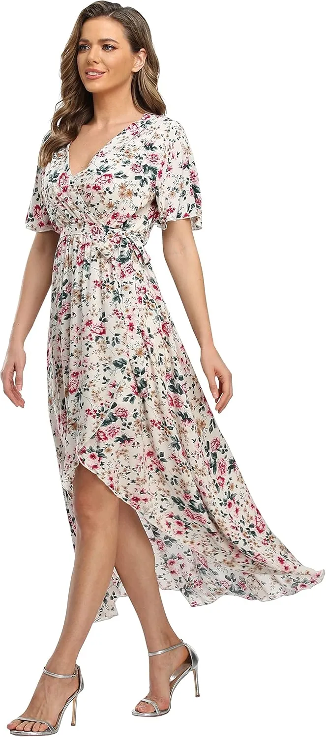 VintageClothing Women's Wrap V Neck Floral Summer Dresses High Low Maxi Casual