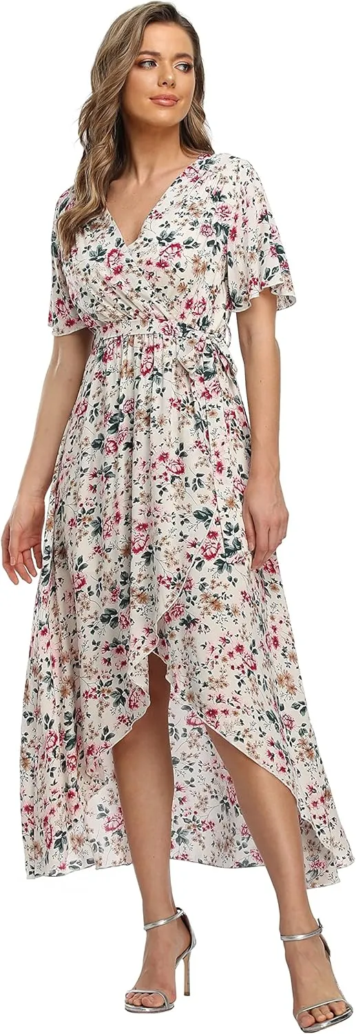 VintageClothing Women's Wrap V Neck Floral Summer Dresses High Low Maxi Casual