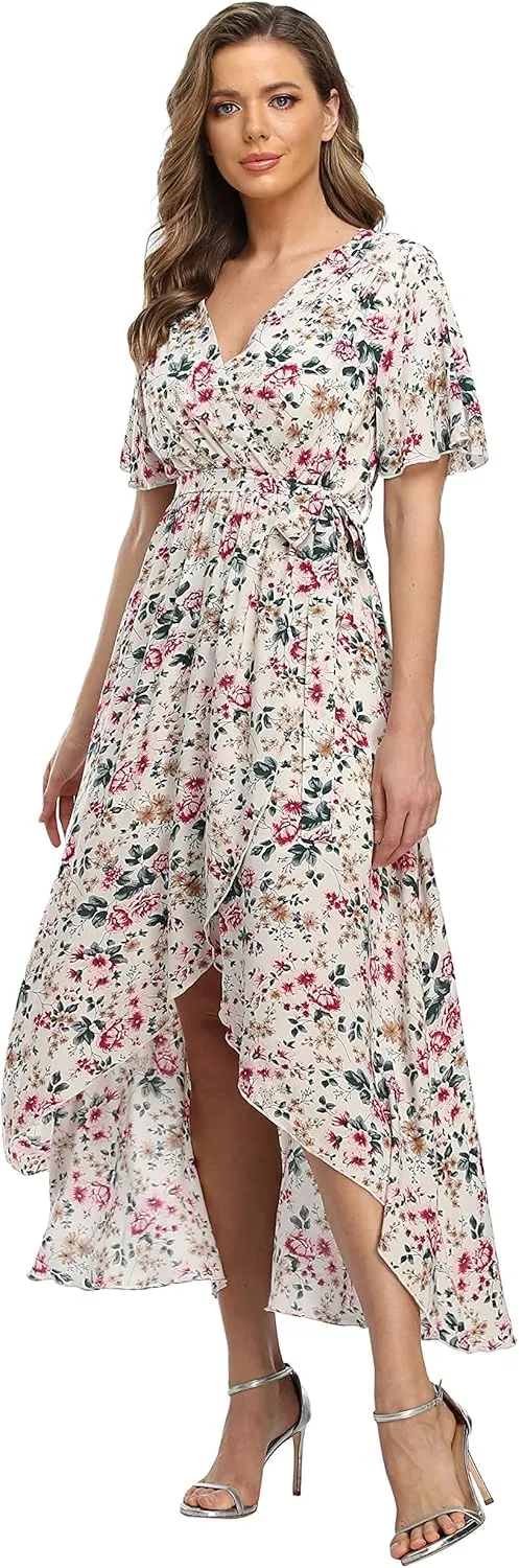 VintageClothing Women's Wrap V Neck Floral Summer Dresses High Low Maxi Casual