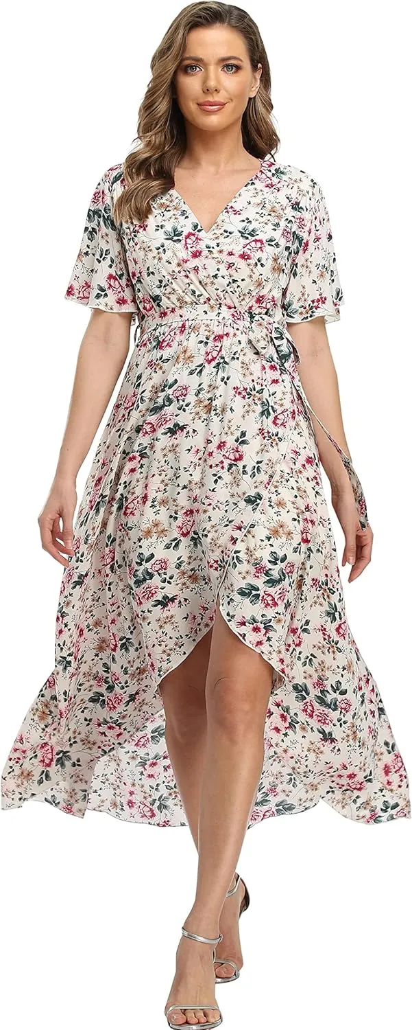 VintageClothing Women's Wrap V Neck Floral Summer Dresses High Low Maxi Casual