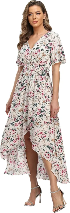 VintageClothing Women's Wrap V Neck Floral Summer Dresses High Low Maxi Casual