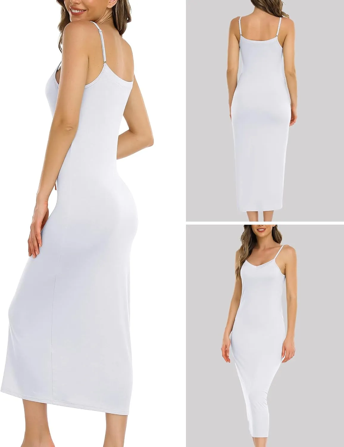 Vlazom Long Slip Dress for Women, Basic Adjustable Spaghetti Straps Cami Slip Dress Soft V Neck Nightgown Under Dresses