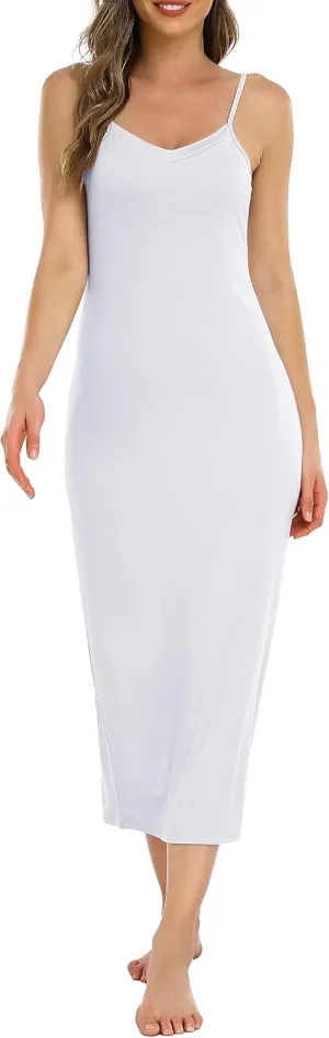 Vlazom Long Slip Dress for Women, Basic Adjustable Spaghetti Straps Cami Slip Dress Soft V Neck Nightgown Under Dresses