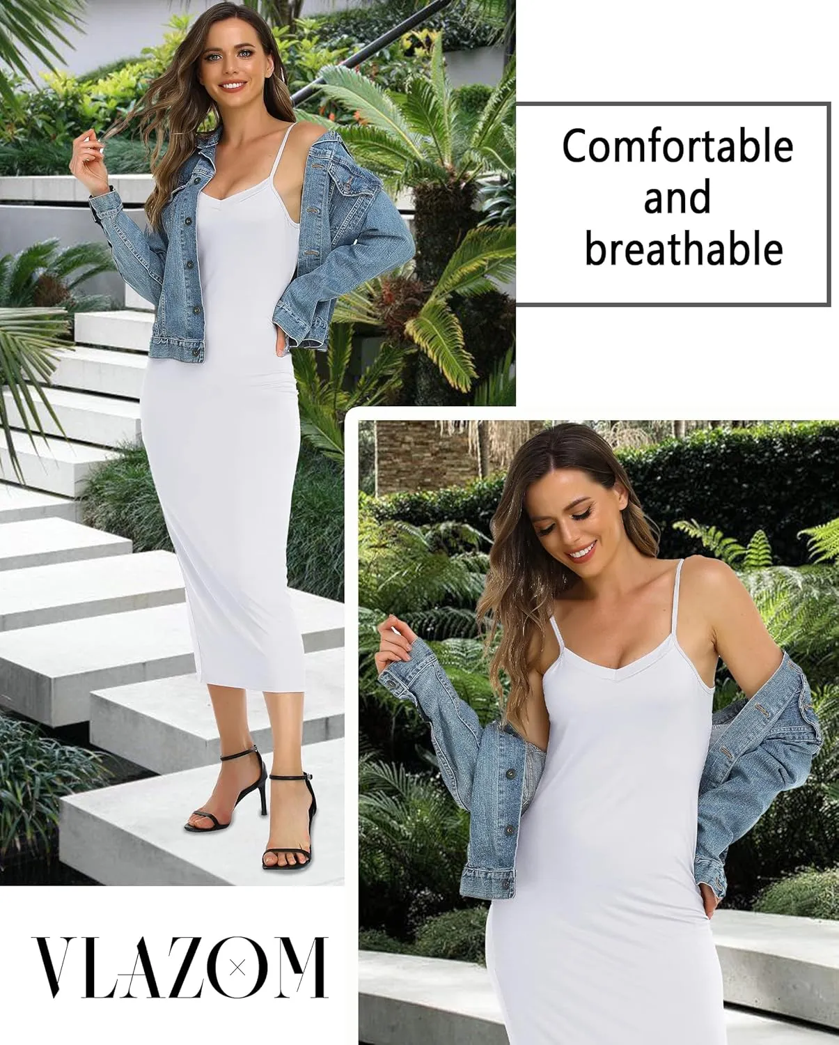 Vlazom Long Slip Dress for Women, Basic Adjustable Spaghetti Straps Cami Slip Dress Soft V Neck Nightgown Under Dresses