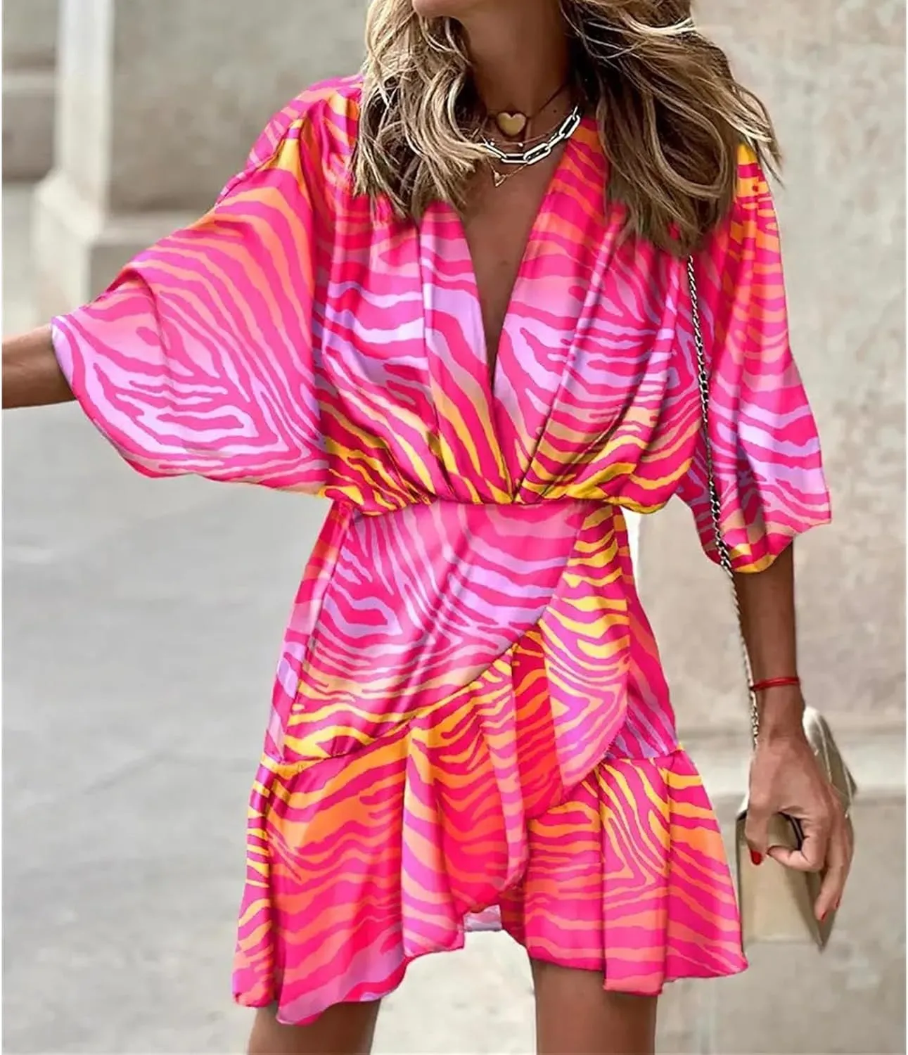 Wankang Colorful Short Summer Dresses for Women Ruffle Boho Mini Dress Half Sleeve Hippie Dress Swing Beach Dresses