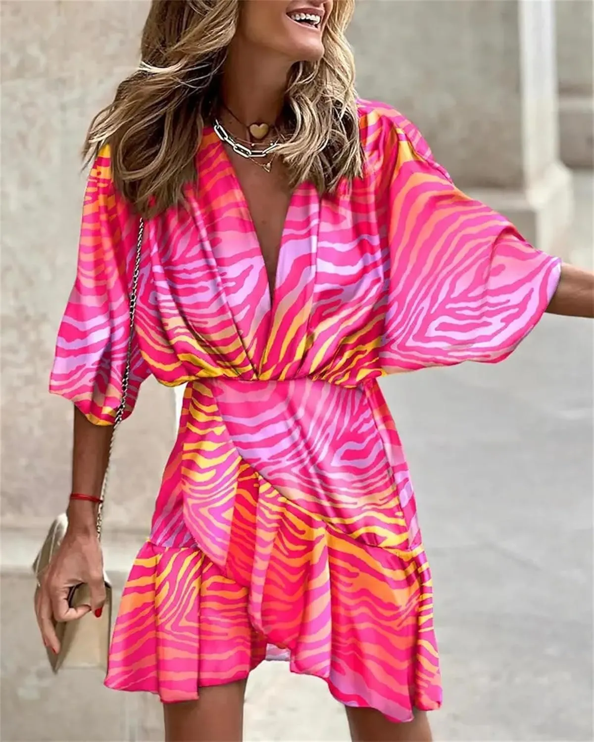 Wankang Colorful Short Summer Dresses for Women Ruffle Boho Mini Dress Half Sleeve Hippie Dress Swing Beach Dresses