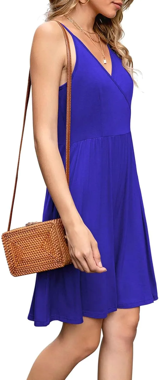 WEACZZY Women's 2025 Summer Dresses V Neck Spaghetti Strap Sundress Casual Beach Flowy Mini Dress with Pockets
