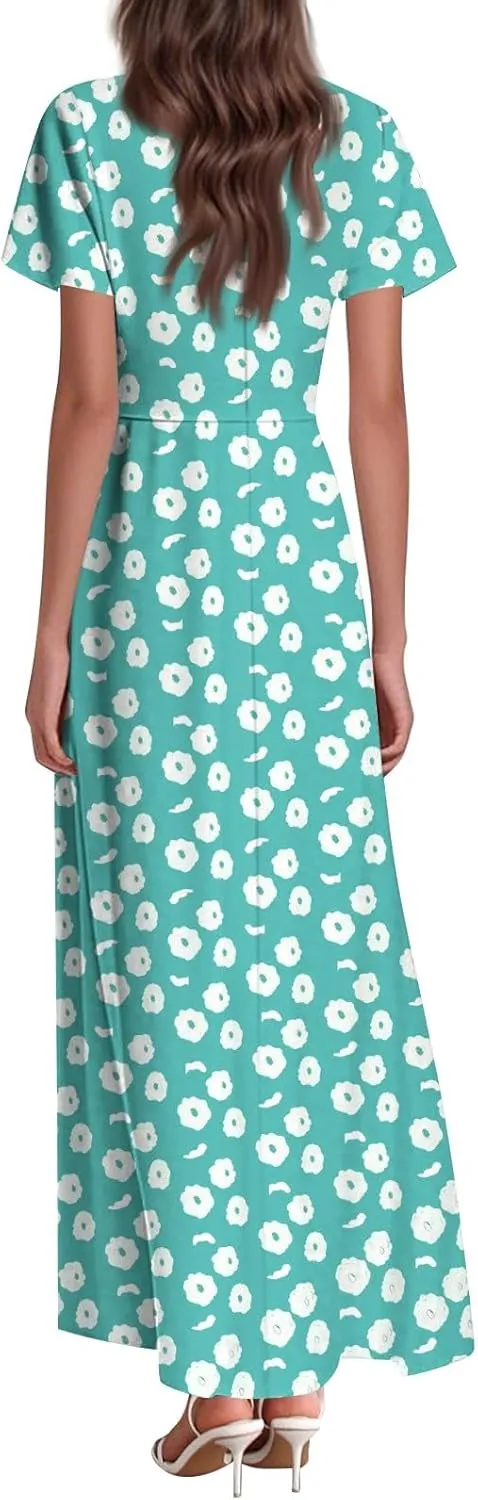 Wedding GTuest Dresses for Women 2025 Boho Multi Style Maxi Dress Flowy Dress Casual V Neck Short Sleeve Graphic Long Dress
