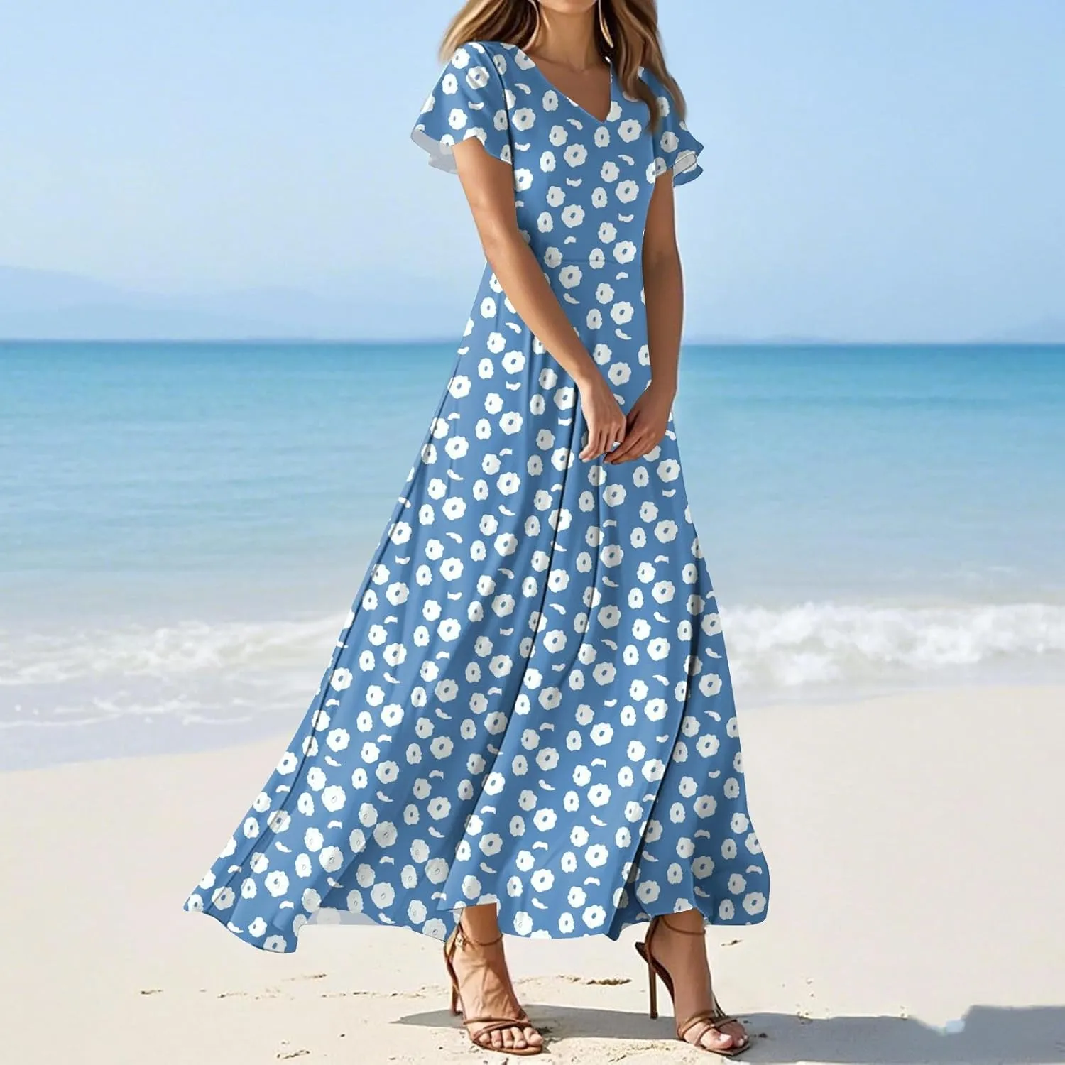 Wedding GTuest Dresses for Women 2025 Boho Multi Style Maxi Dress Flowy Dress Casual V Neck Short Sleeve Graphic Long Dress