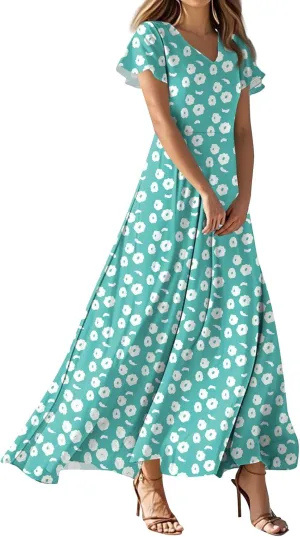 Wedding GTuest Dresses for Women 2025 Boho Multi Style Maxi Dress Flowy Dress Casual V Neck Short Sleeve Graphic Long Dress