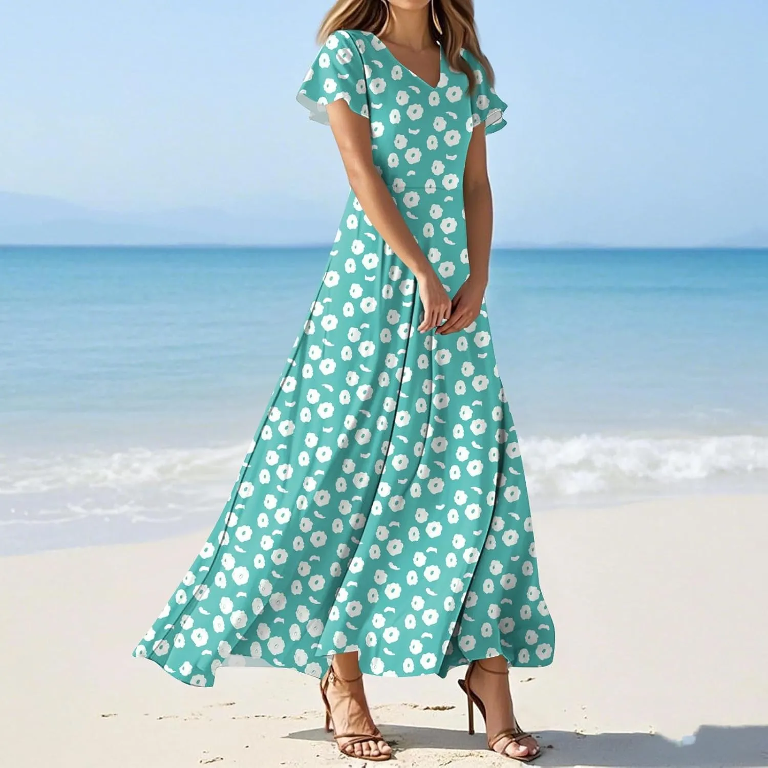 Wedding GTuest Dresses for Women 2025 Boho Multi Style Maxi Dress Flowy Dress Casual V Neck Short Sleeve Graphic Long Dress
