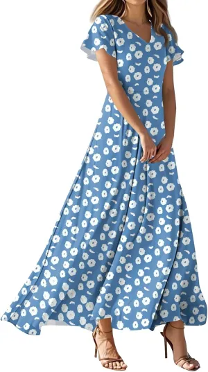 Wedding GTuest Dresses for Women 2025 Boho Multi Style Maxi Dress Flowy Dress Casual V Neck Short Sleeve Graphic Long Dress