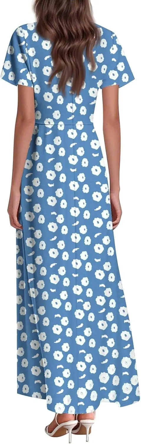 Wedding GTuest Dresses for Women 2025 Boho Multi Style Maxi Dress Flowy Dress Casual V Neck Short Sleeve Graphic Long Dress