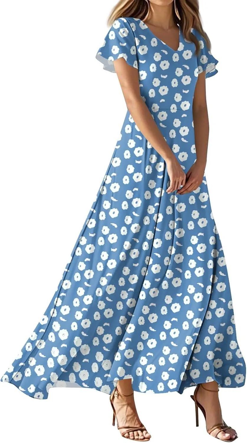 Wedding GTuest Dresses for Women 2025 Boho Multi Style Maxi Dress Flowy Dress Casual V Neck Short Sleeve Graphic Long Dress