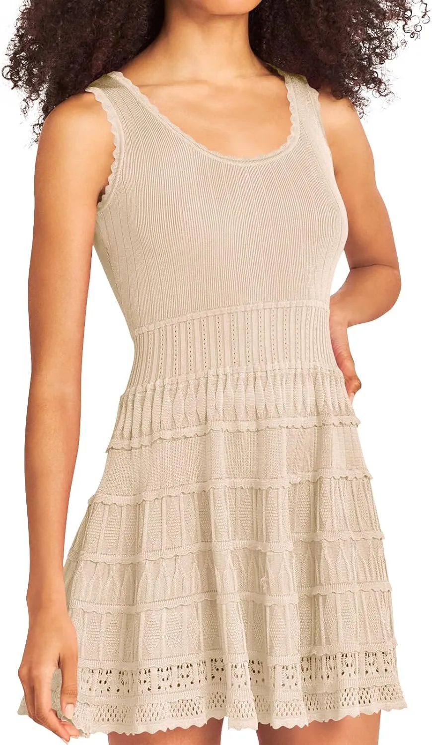 Wenrine Women's Summer Mini Dresses Sleeveless Knitted Crew Neck Casual Crochet Hem Slim Cute Tank Dress